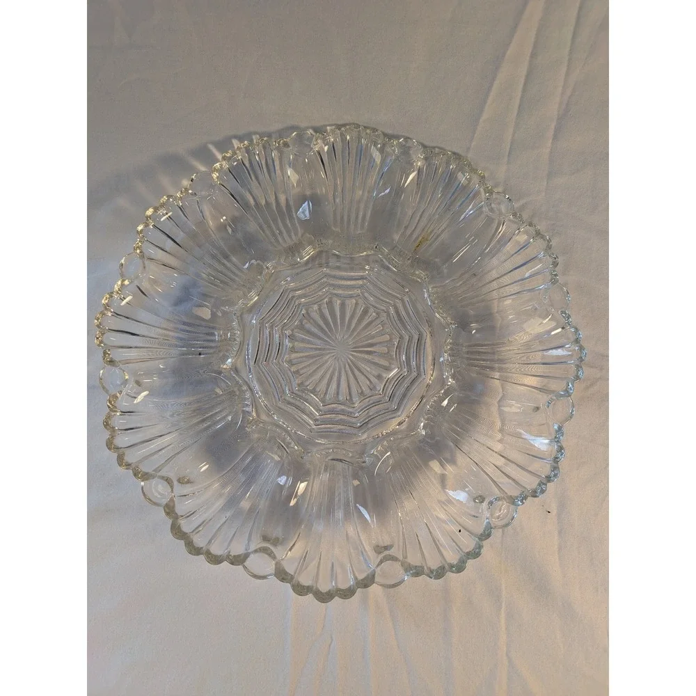 Vintage Clear Pressed Glass Deviled Egg Platter 12 Slot Scalloped Serving‎ Tray